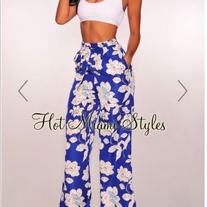 Royal blue tropical floral palazzo wide leg pants